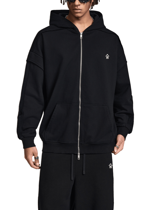 Contrast Tape Raw Edge Double Layered Zip Hoodie - | 234 Collectives