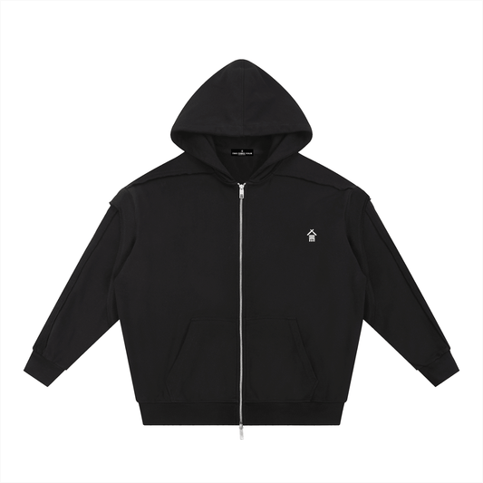 Contrast Tape Raw Edge Double Layered Zip Hoodie - | 234 Collectives
